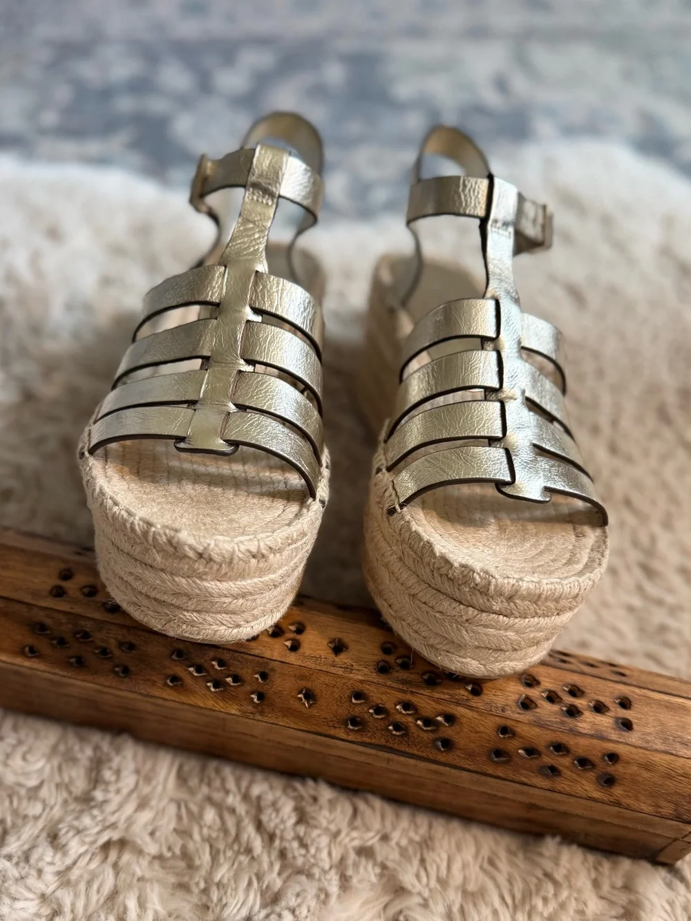 TORY BURCH Gold Metallic Leather platform espadrille wedge Fisherman Sandals